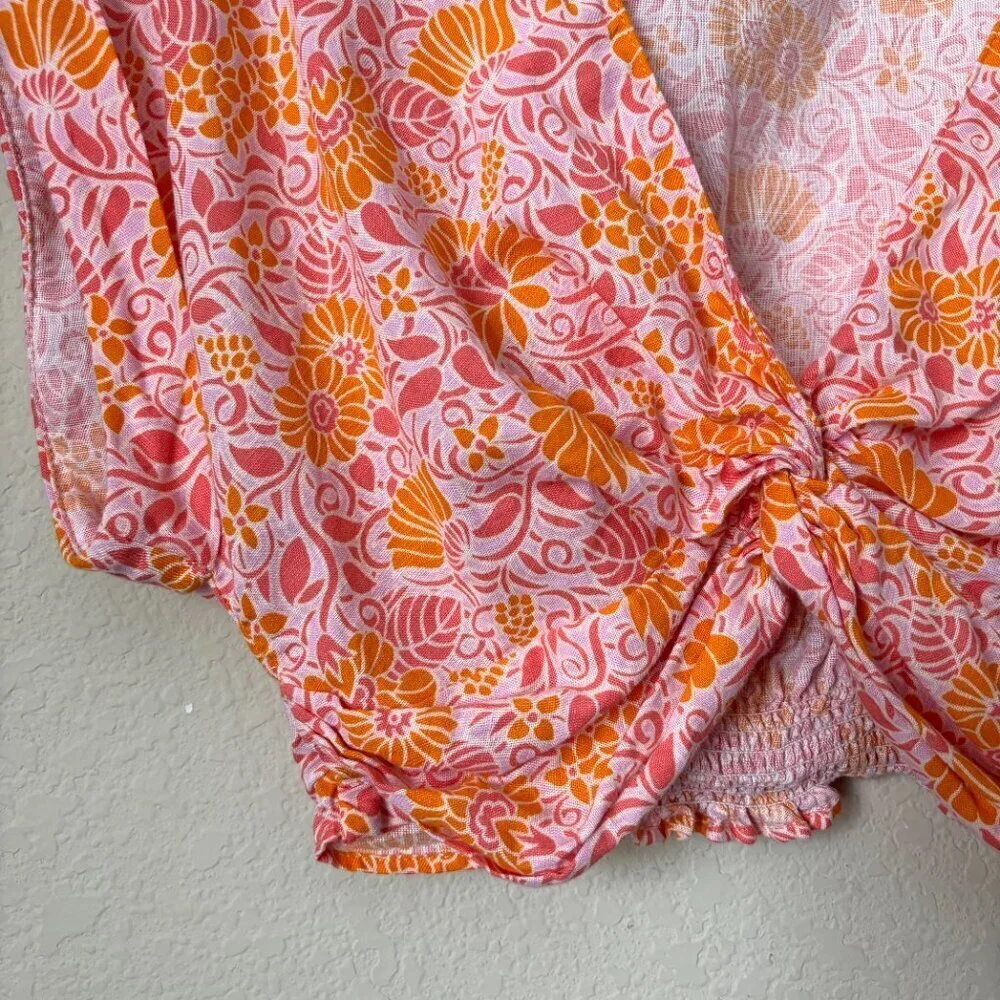 Zara Linen Blend Boho Floral Print Cropped Twist Front Blouse Top - Picture 6 of 8